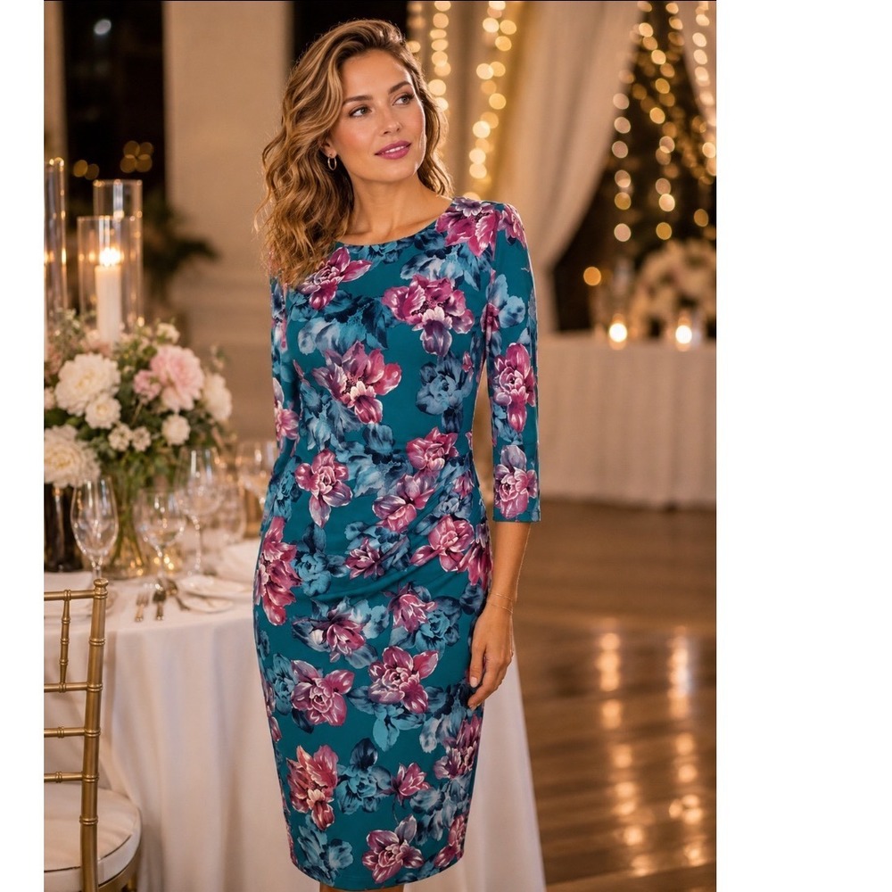 Connected Apparel Teal Pink Floral Ruched Sheath Dress 3/4 Bell Sleeve Size 10
